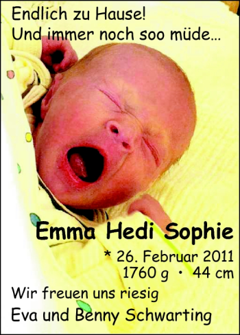 Babyanzeige von Emma Hedi Sophie  von Nordwest-Zeitung