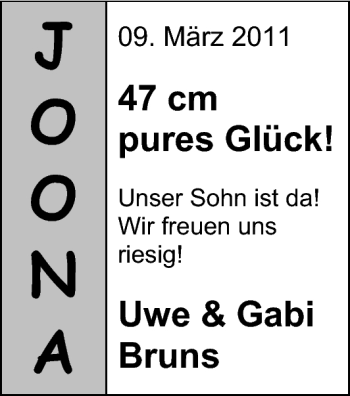 Babyanzeige von Joona Bruns von Nordwest-Zeitung