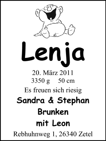 Babyanzeige von Lenja Brunken von Nordwest-Zeitung