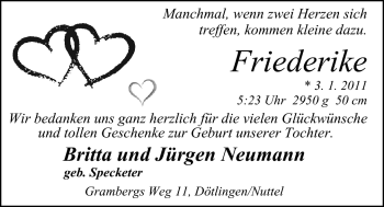 Babyanzeige von Friederike Neumann von Nordwest-Zeitung
