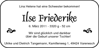 Babyanzeige von Ilse Friederike  von Nordwest-Zeitung