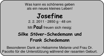 Babyanzeige von Josefine Schedemann von Nordwest-Zeitung