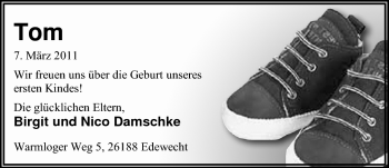 Babyanzeige von Tom  von Nordwest-Zeitung