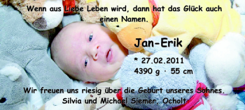 Babyanzeige von Jan-Erik Siemer von Nordwest-Zeitung