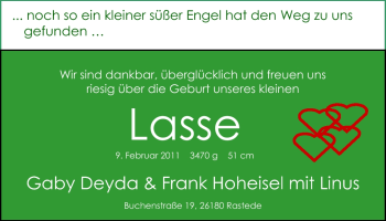 Babyanzeige von Lasse  von Nordwest-Zeitung