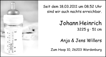 Babyanzeige von Johann Heinrich  von Nordwest-Zeitung
