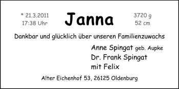Babyanzeige von Janna  von Nordwest-Zeitung