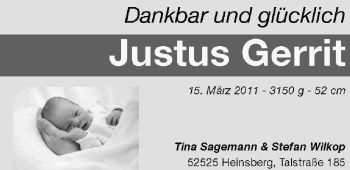 Babyanzeige von Justus Gerrit  von Nordwest-Zeitung