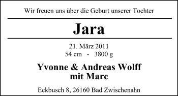 Babyanzeige von Jara Wolff von Nordwest-Zeitung