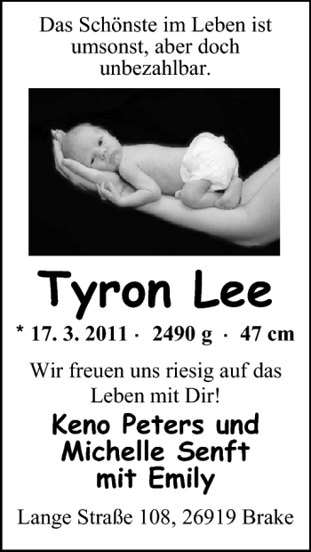Babyanzeige von Tyron Lee  von Nordwest-Zeitung
