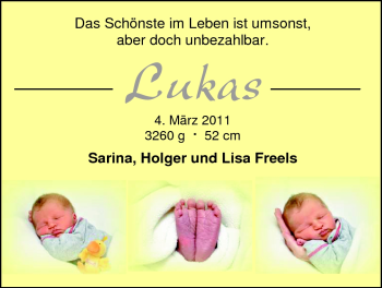 Babyanzeige von Lukas Freels von Nordwest-Zeitung