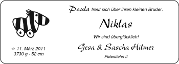 Babyanzeige von Niklas Hilmer von Nordwest-Zeitung
