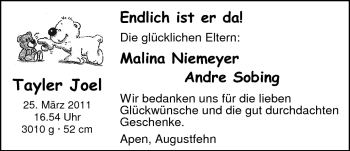Babyanzeige von Taylor Joel  von Nordwest-Zeitung