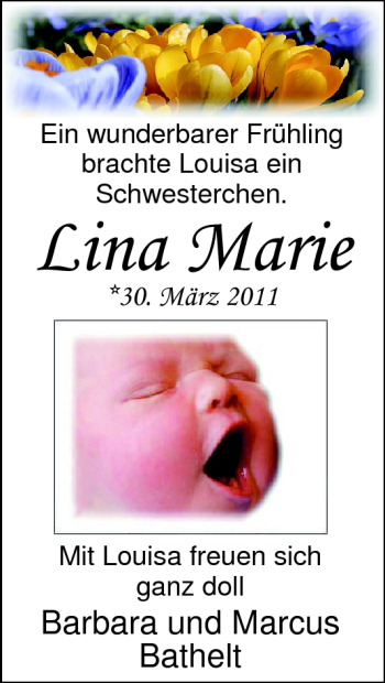 Babyanzeige von Lina Marie Bathelt von Nordwest-Zeitung