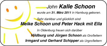 Babyanzeige von John Kalle Schoon von Nordwest-Zeitung