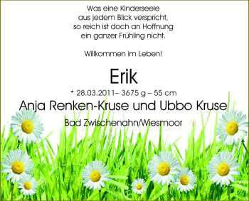 Babyanzeige von Erik  von Nordwest-Zeitung