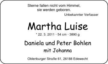 Babyanzeige von Martha Luise Bohlen von Nordwest-Zeitung
