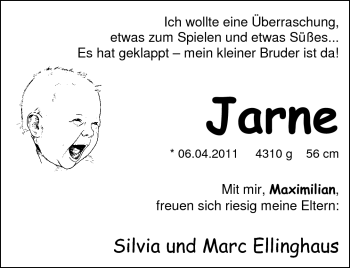 Babyanzeige von Jarne Ellinghaus von Nordwest-Zeitung