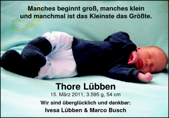 Babyanzeige von Thore Lübben von Nordwest-Zeitung