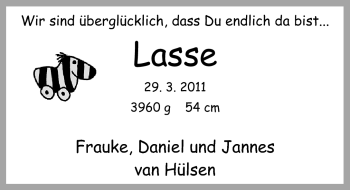 Babyanzeige von Lasse van Hülsen von Nordwest-Zeitung