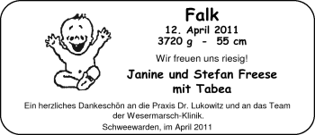 Babyanzeige von Falk Freese von Nordwest-Zeitung