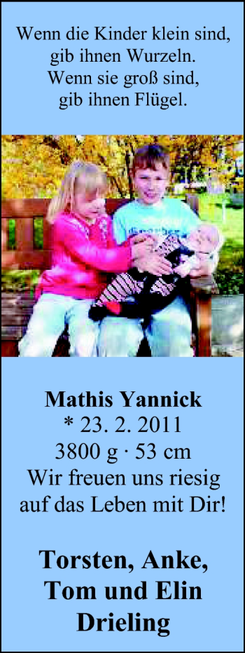 Babyanzeige von Mathis Yannick Drieling von Nordwest-Zeitung