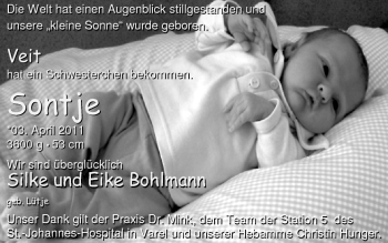 Babyanzeige von Sontje Bohlmann von Nordwest-Zeitung