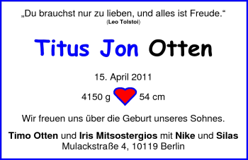 Babyanzeige von Titus Jon Otten von Nordwest-Zeitung