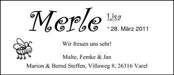 Babyanzeige von Merle Steffen von Nordwest-Zeitung