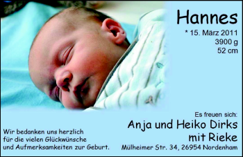 Babyanzeige von Hannes Dirks von Nordwest-Zeitung