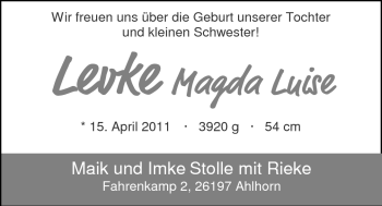 Babyanzeige von Levke Magda Luise  von Nordwest-Zeitung