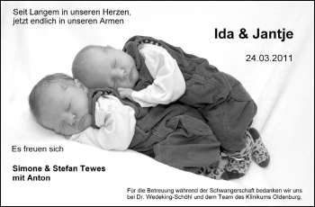 Babyanzeige von Ida und Jantje  von Nordwest-Zeitung