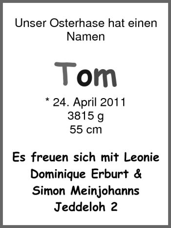 Babyanzeige von Tom  von Nordwest-Zeitung