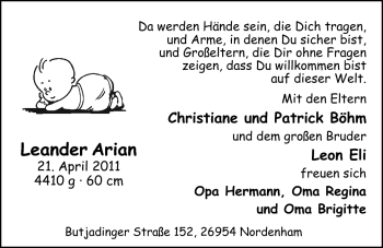 Babyanzeige von Leander Arian  von Nordwest-Zeitung