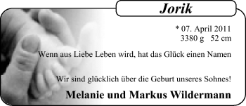 Babyanzeige von Jorik Wildermann von Nordwest-Zeitung