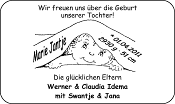 Babyanzeige von Marie Jantje  von Nordwest-Zeitung