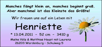 Babyanzeige von Henriette  von Nordwest-Zeitung