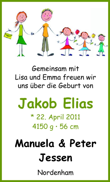 Babyanzeige von Jakob Elias Jessen von Nordwest-Zeitung
