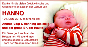 Babyanzeige von Hanno Bielefeld von Nordwest-Zeitung