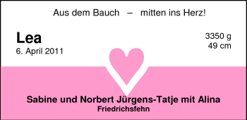 Babyanzeige von Lea  von Nordwest-Zeitung