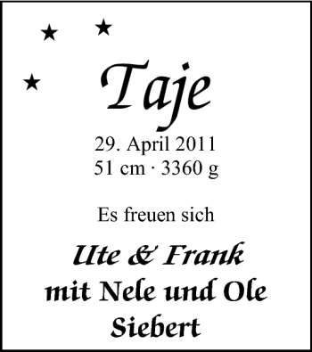 Babyanzeige von Taje  von Nordwest-Zeitung