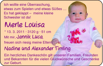 Babyanzeige von Merle Louisa Timling von Nordwest-Zeitung