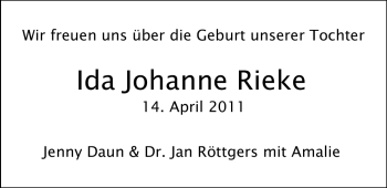 Babyanzeige von Ida Johanne Rieke Daun von Nordwest-Zeitung