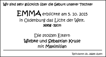 Babyanzeige von Maximilian Kruse von Nordwest-Zeitung