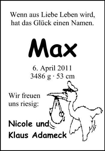 Babyanzeige von Max Adameck von Nordwest-Zeitung