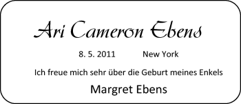 Babyanzeige von Ari Cameron Ebens  von Nordwest-Zeitung