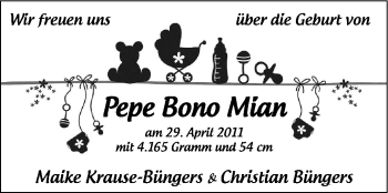 Babyanzeige von Pepe Bono Mian  von Nordwest-Zeitung