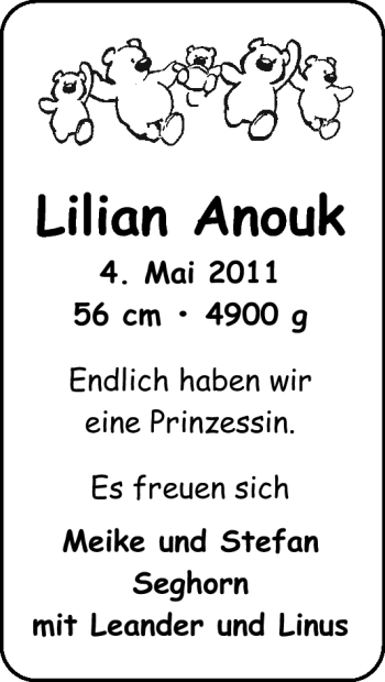Babyanzeige von Lilian Anouk  von Nordwest-Zeitung