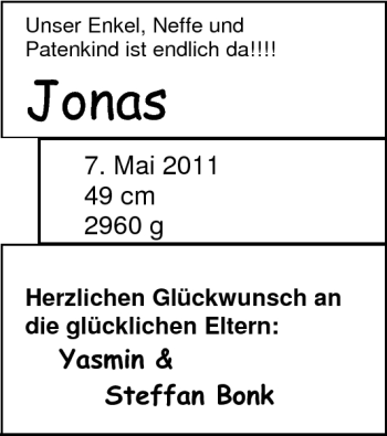 Babyanzeige von Jonas Bonk von Nordwest-Zeitung