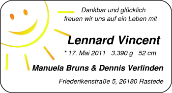 Babyanzeige von Lennard Vincent  von Nordwest-Zeitung